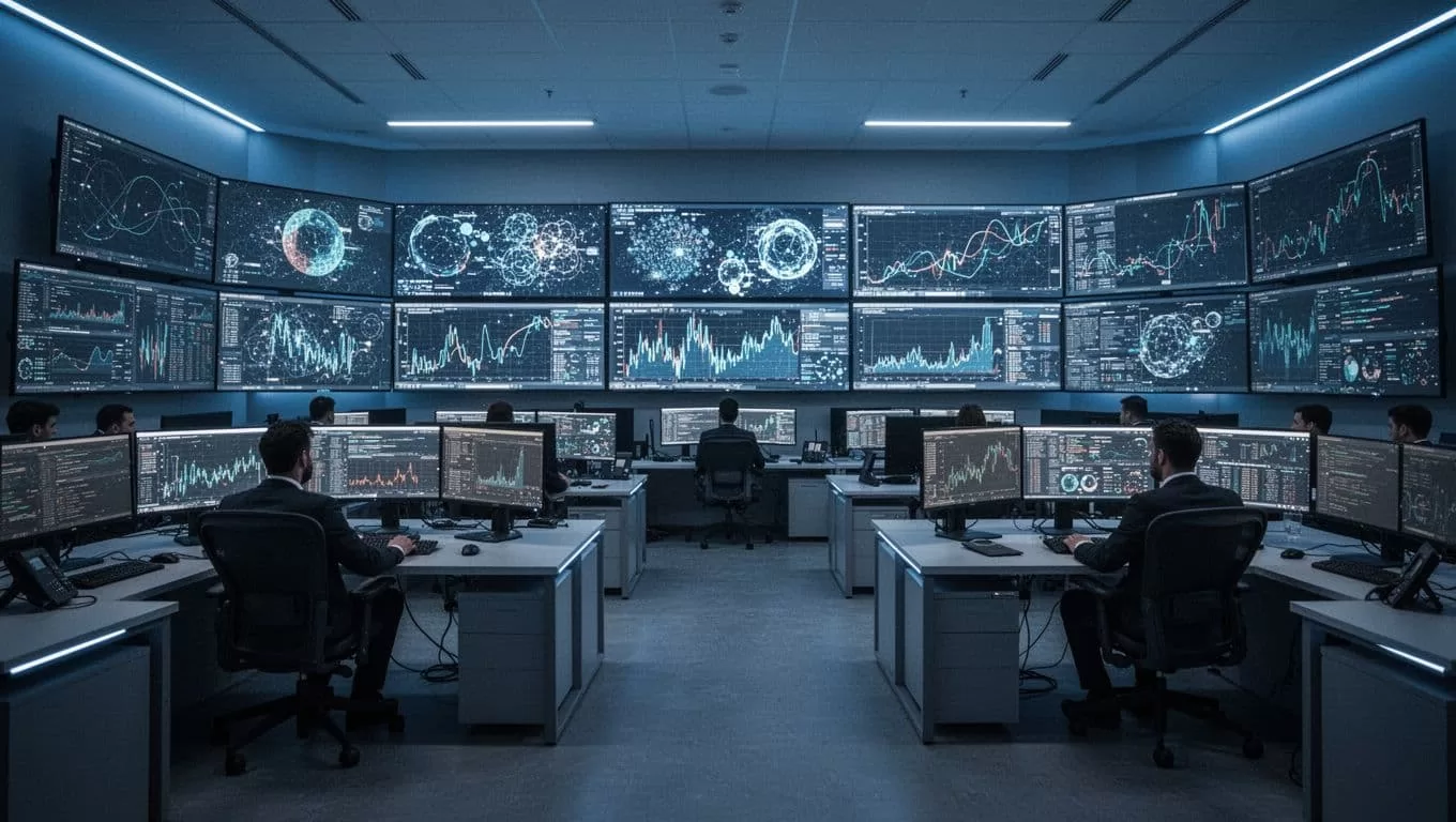 Large illuminated displays show security metrics and threat maps in a dark operations center.