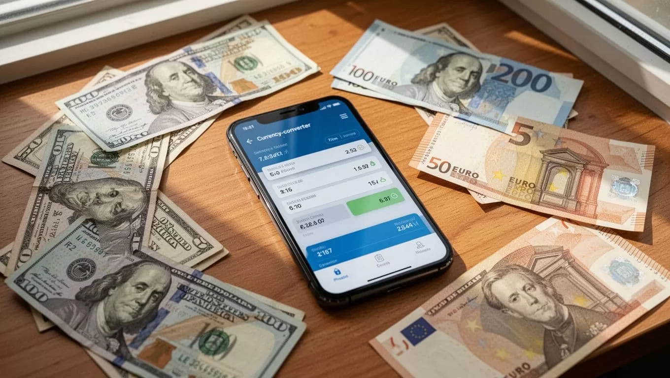 A smartphone showing currency exchange rates on a desk with scattered dollar and euro bills.