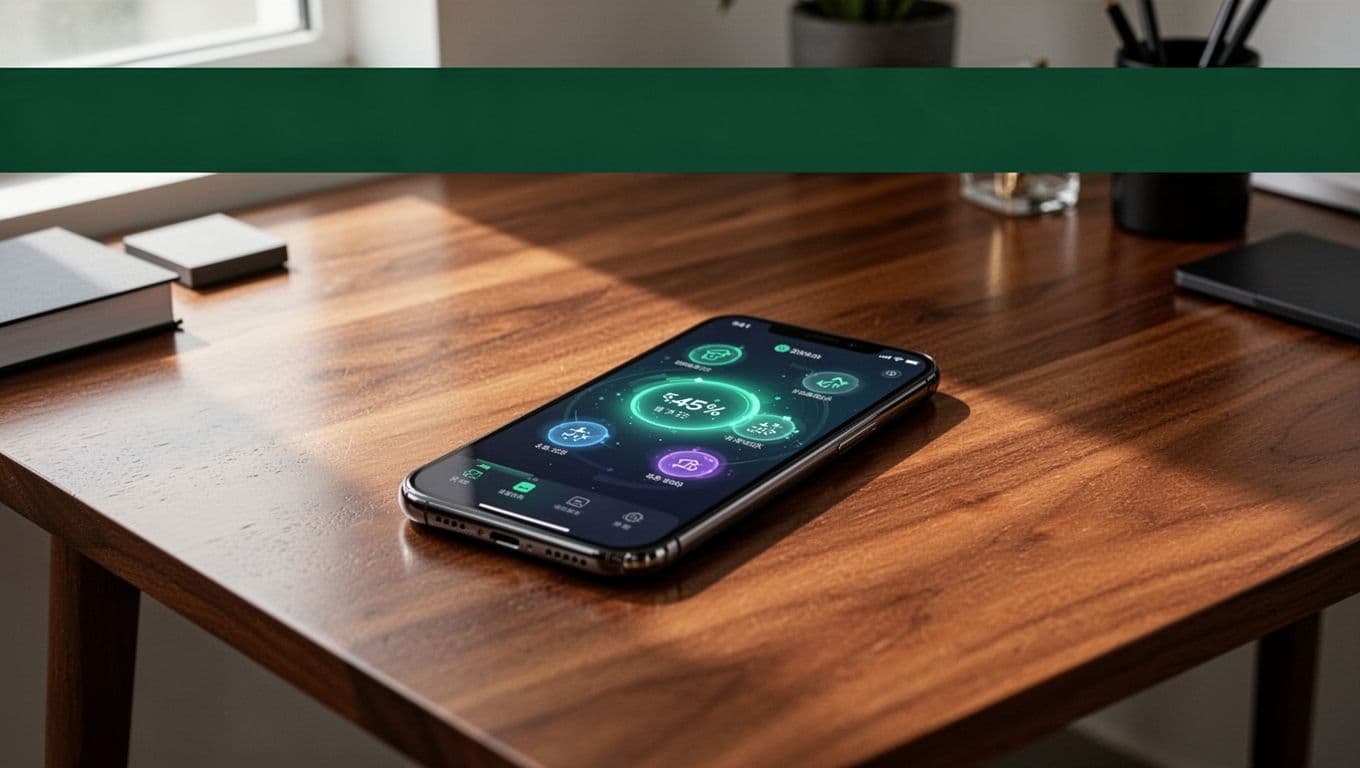 A smartphone with a finance app on a wooden desk below a green Send Money banner.