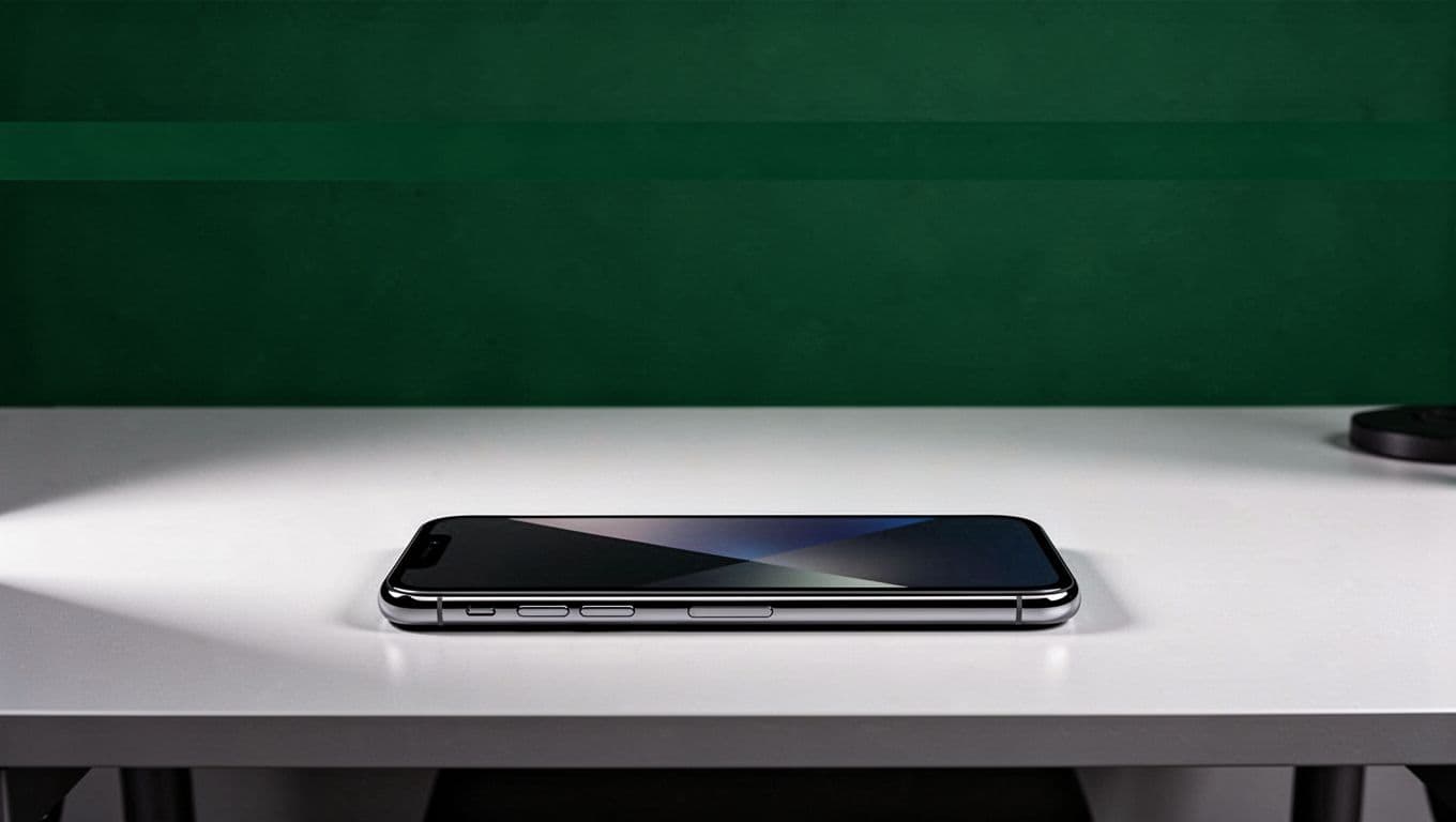 A minimal graphic featuring a dark green headline band and smartphone outline on a desk.