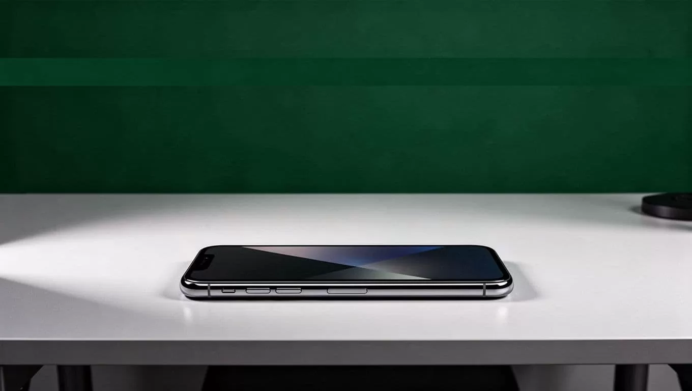 A minimal graphic featuring a dark green headline band and smartphone outline on a desk.