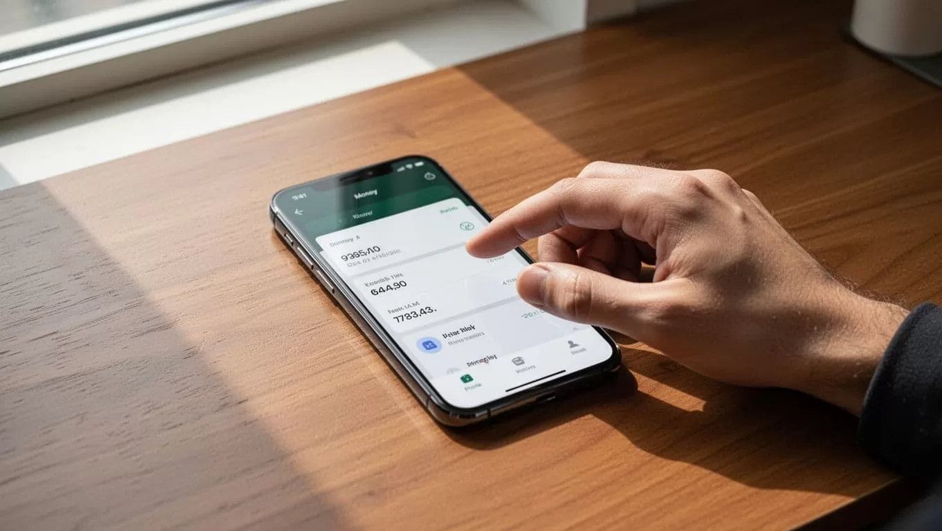 Smartphone showing a SEND MONEY app on a wooden desk.