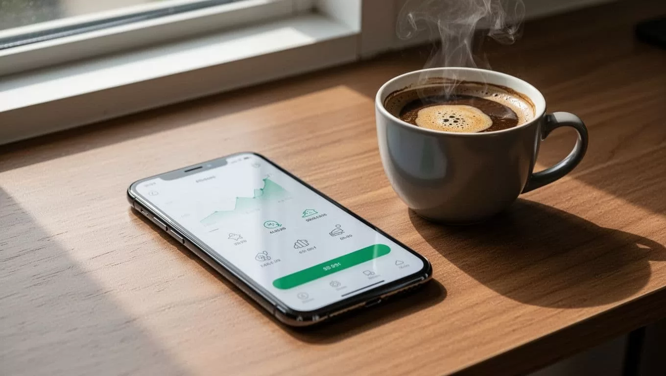 A smartphone showing a money transfer app and a coffee cup on a wooden desk.