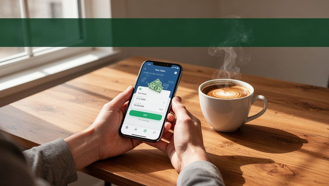 A smartphone showing a money transfer app on a desk beside coffee.