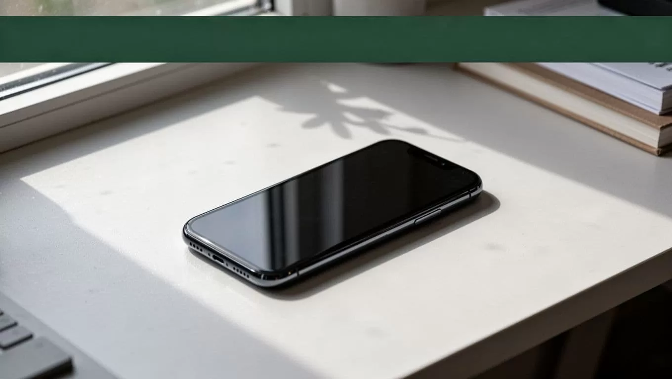 A smartphone rests on a clean desk beneath a dark green banner with white text.