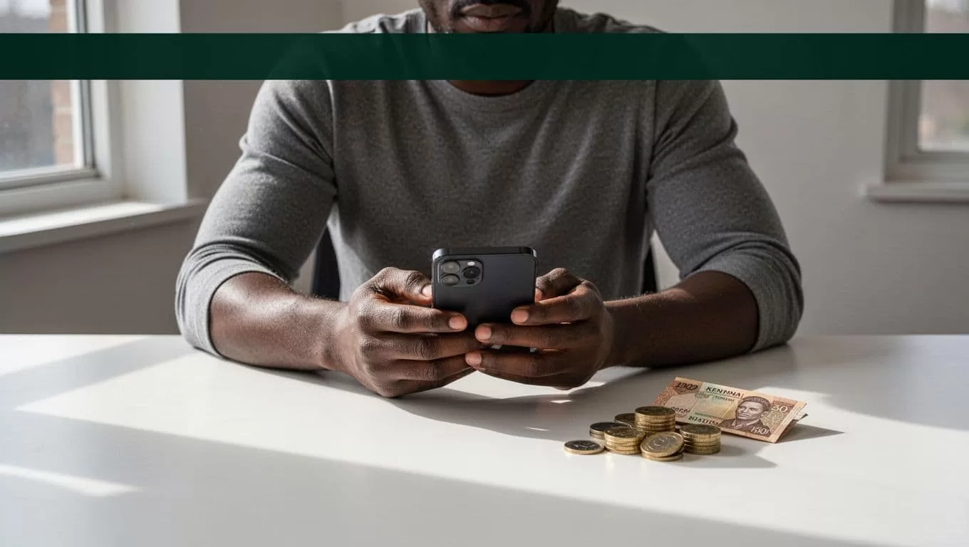 A dark green banner with white text over a clean desk holding a phone and coins.