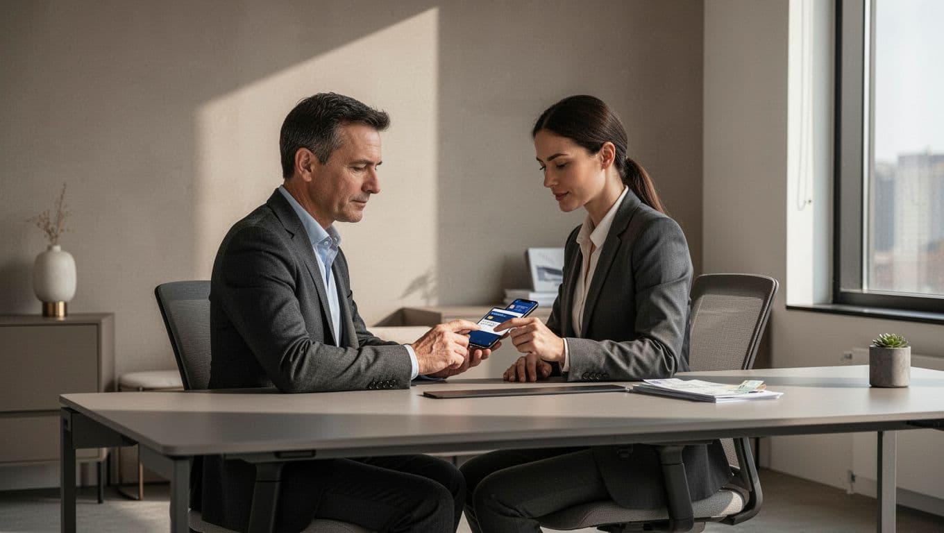 A professional using a smartphone for a money transfer in a minimal office.