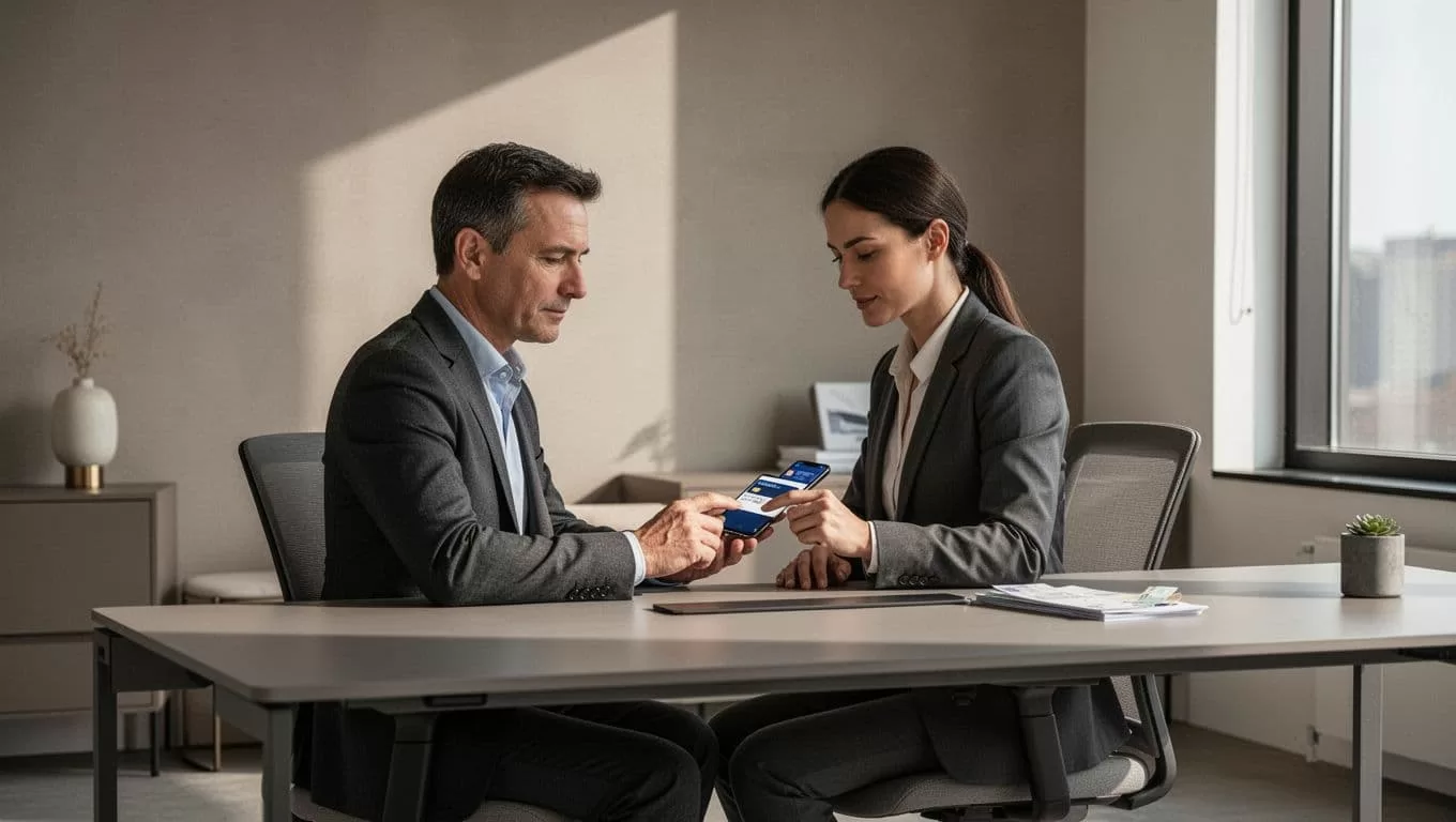 A professional using a smartphone for a money transfer in a minimal office.