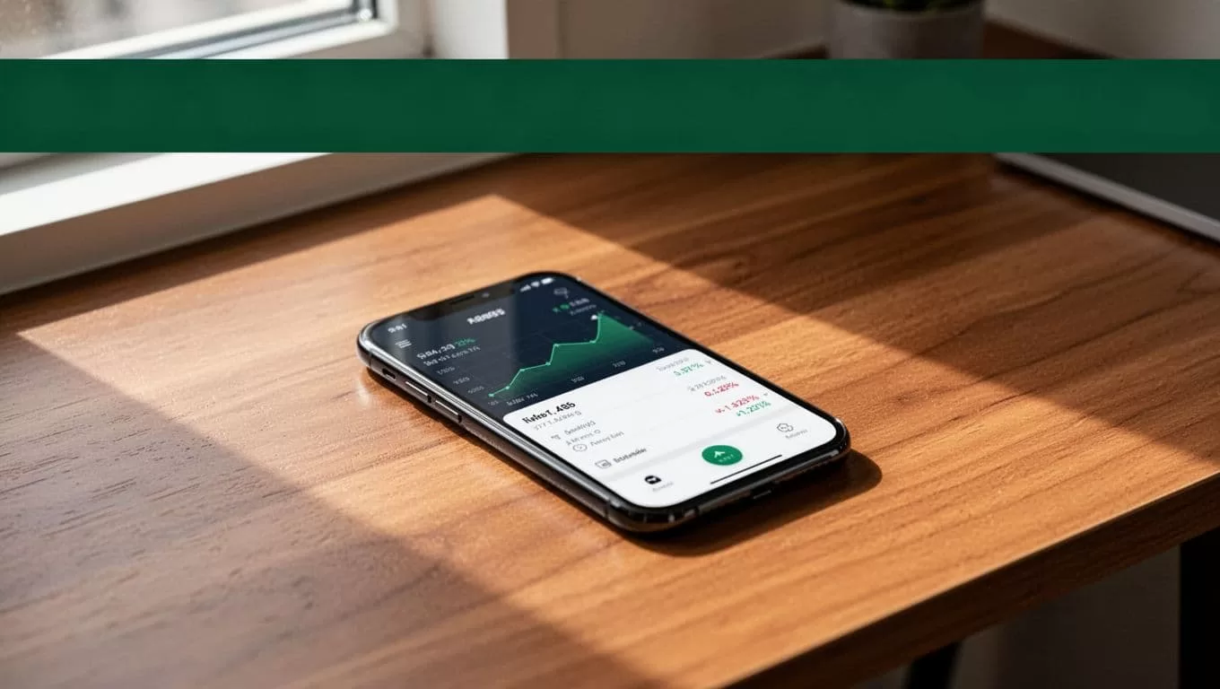 A bold send money headline above a desk with a smartphone.