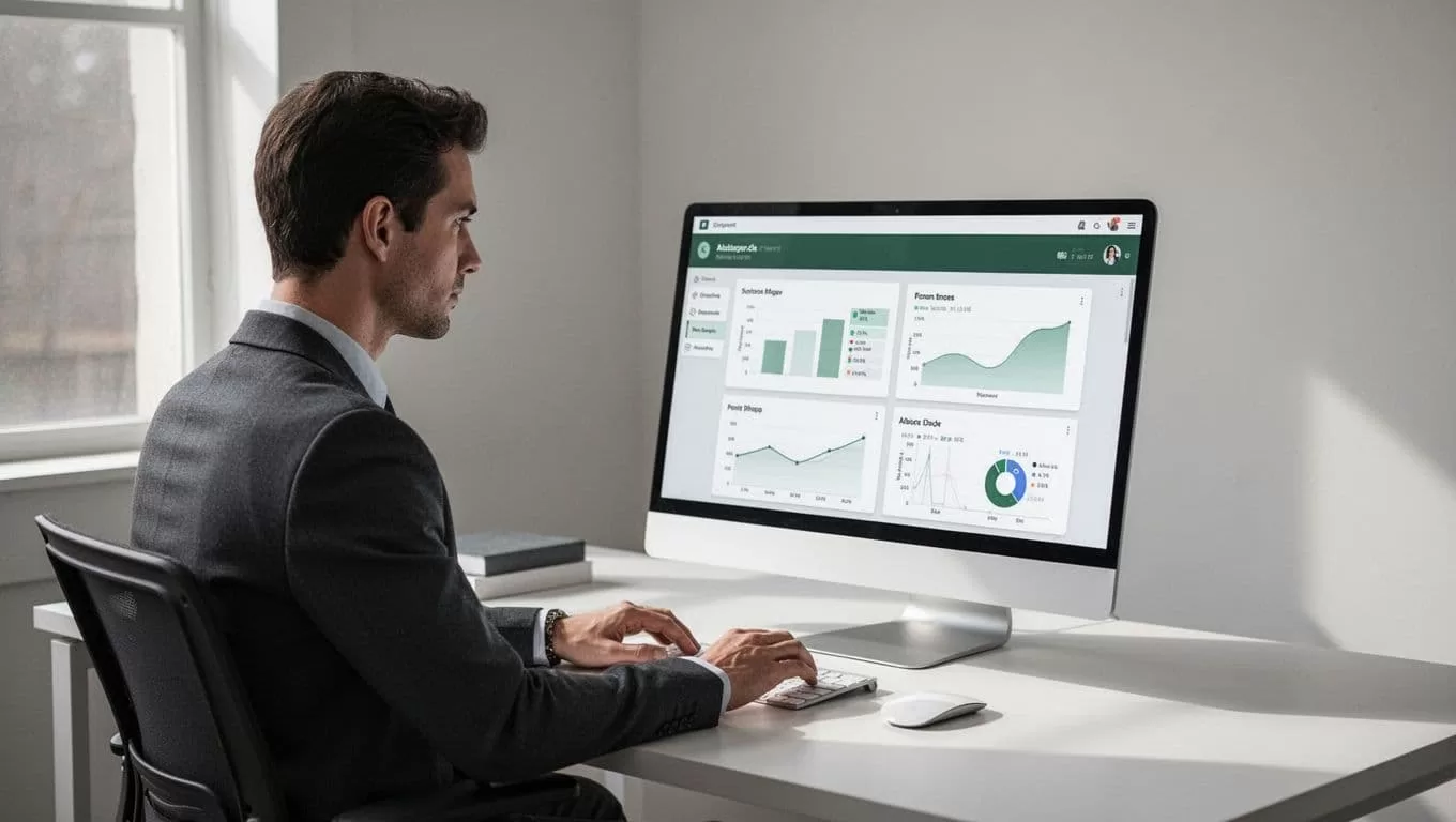 An analytics dashboard on a clean desk with one person reviewing the metrics.
