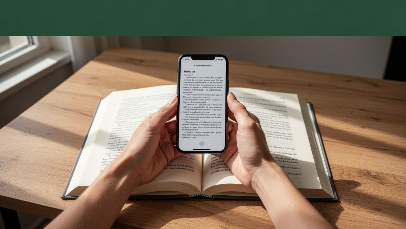 A person uses a smartphone to scan pages from an open book on a desk.