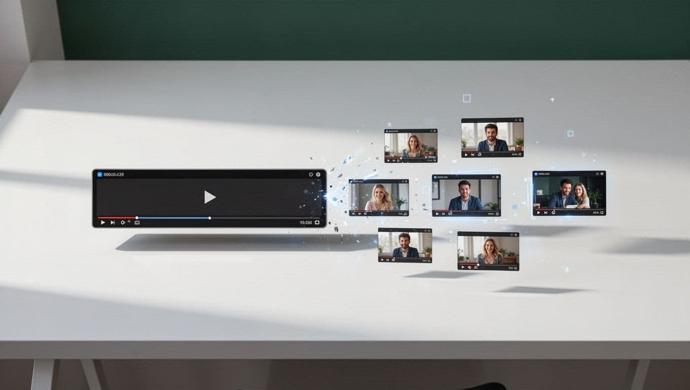 A clean white desk surface features a long video file splitting into several smaller floating clips. Muted dark-green branding at the top displays bold white text about smart content transformation strategies.