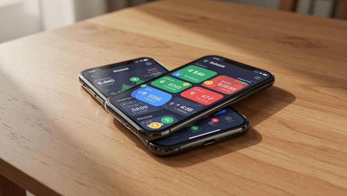 A smartphone showing currency exchange rates on a wooden table.