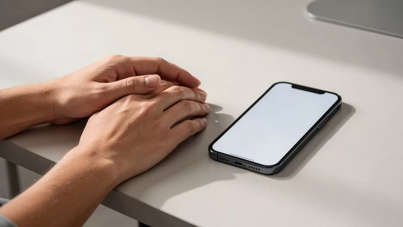 Hands rest beside a smartphone on a clean desk.