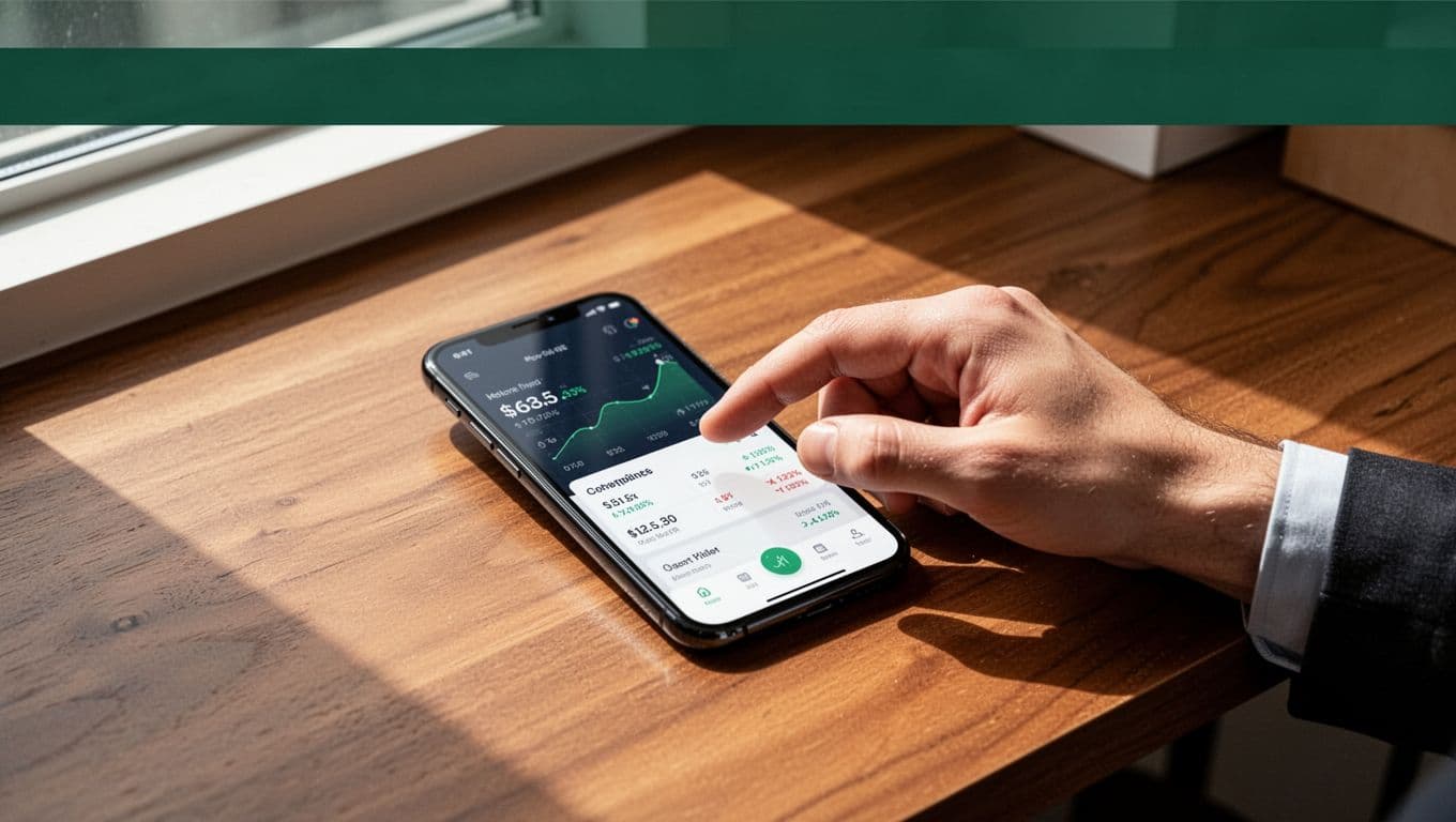A smartphone on a wooden desk shows a money transfer app.