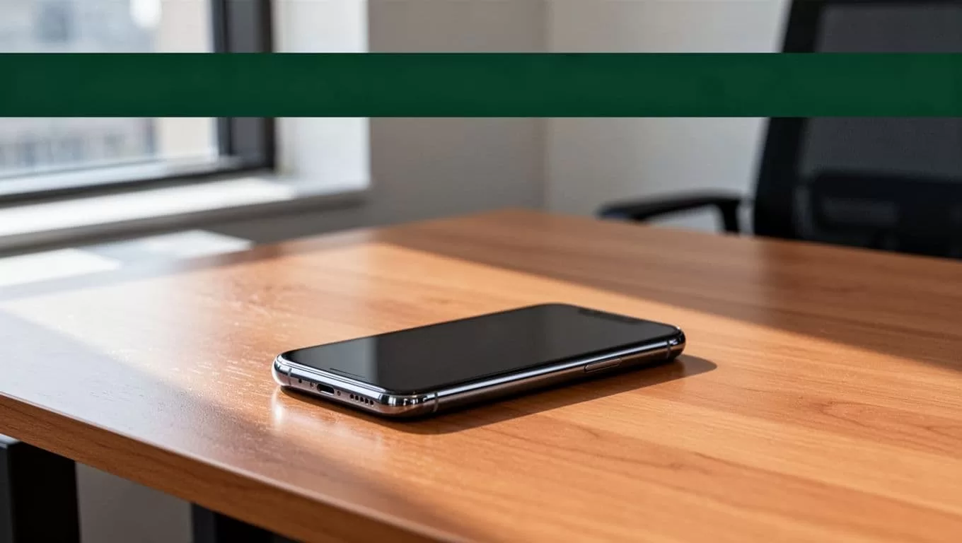 A smartphone resting on a wooden desk with a financial banner.