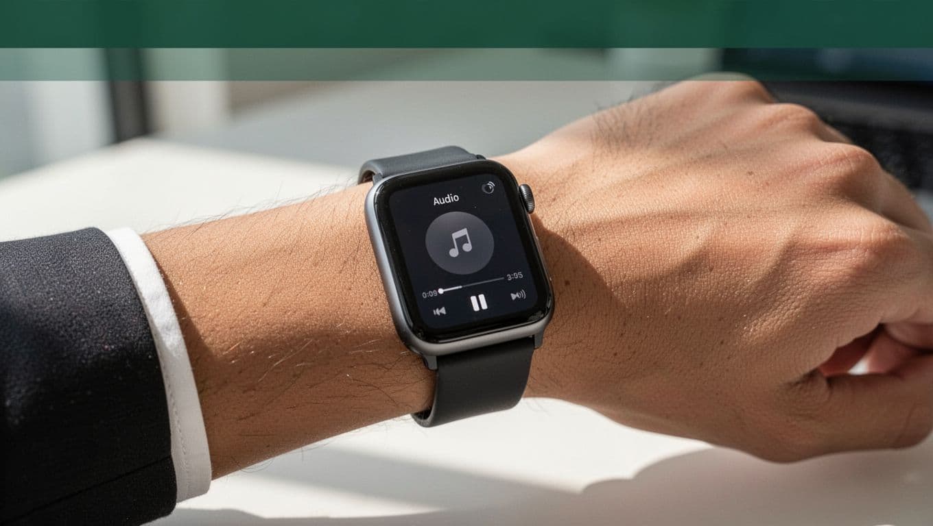 A close-up of a smartwatch screen showing audio playback buttons on a person's wrist.