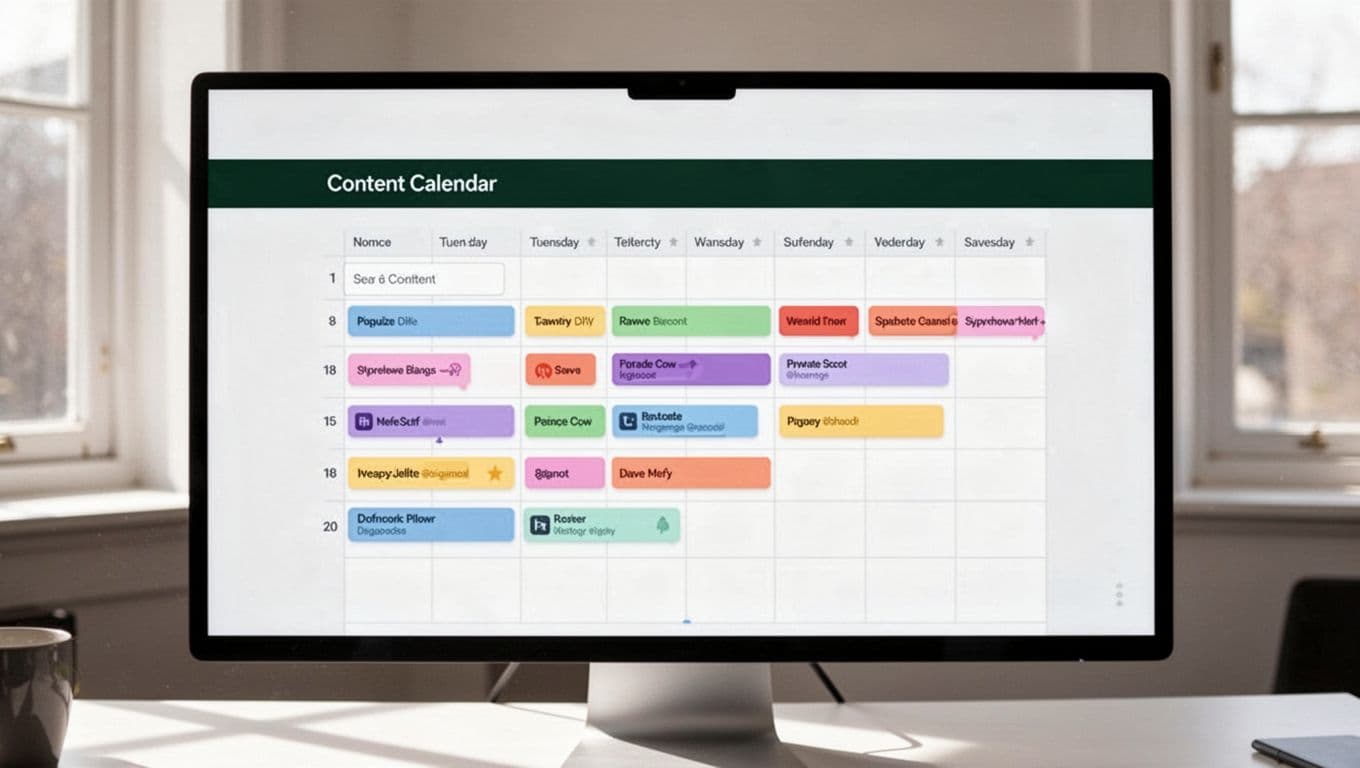 A high-contrast display screen shows a structured content calendar with a prominent dark-green header containing bold white text. The organized grid layout highlights a professional workflow for social media management.