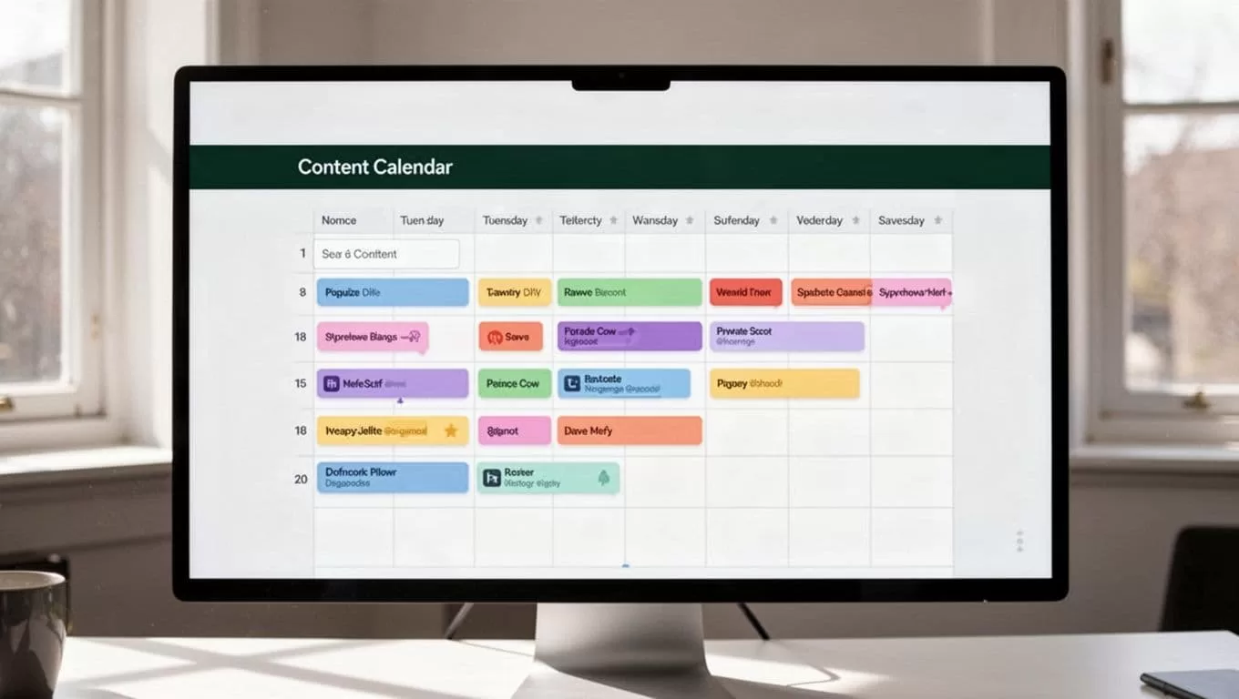 A high-contrast display screen shows a structured content calendar with a prominent dark-green header containing bold white text. The organized grid layout highlights a professional workflow for social media management.