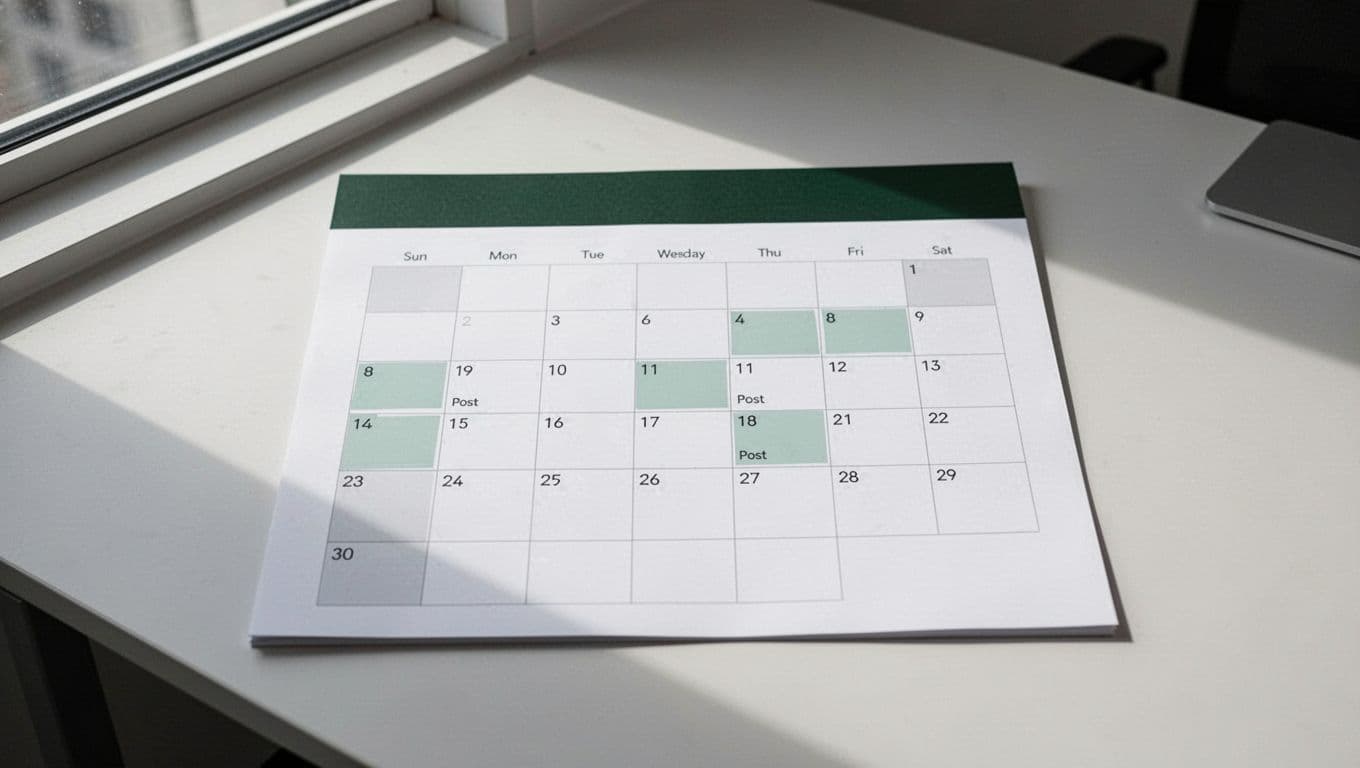 A clean monthly calendar layout features highlighted dates for social media planning. The design showcases a prominent dark green header bar containing white bold geometric lettering against a professional office backdrop.