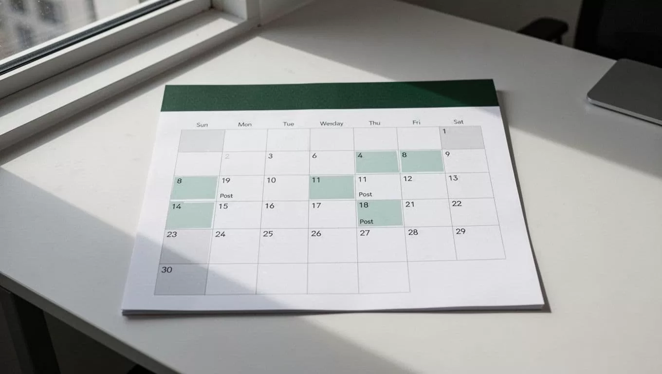A clean monthly calendar layout features highlighted dates for social media planning. The design showcases a prominent dark green header bar containing white bold geometric lettering against a professional office backdrop.