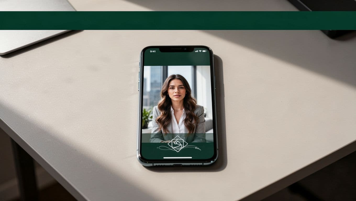 A modern smartphone rests on a neutral desk surface displaying a vertical video with bold bottom text. A dark green header bar above features crisp white social media distribution branding text.