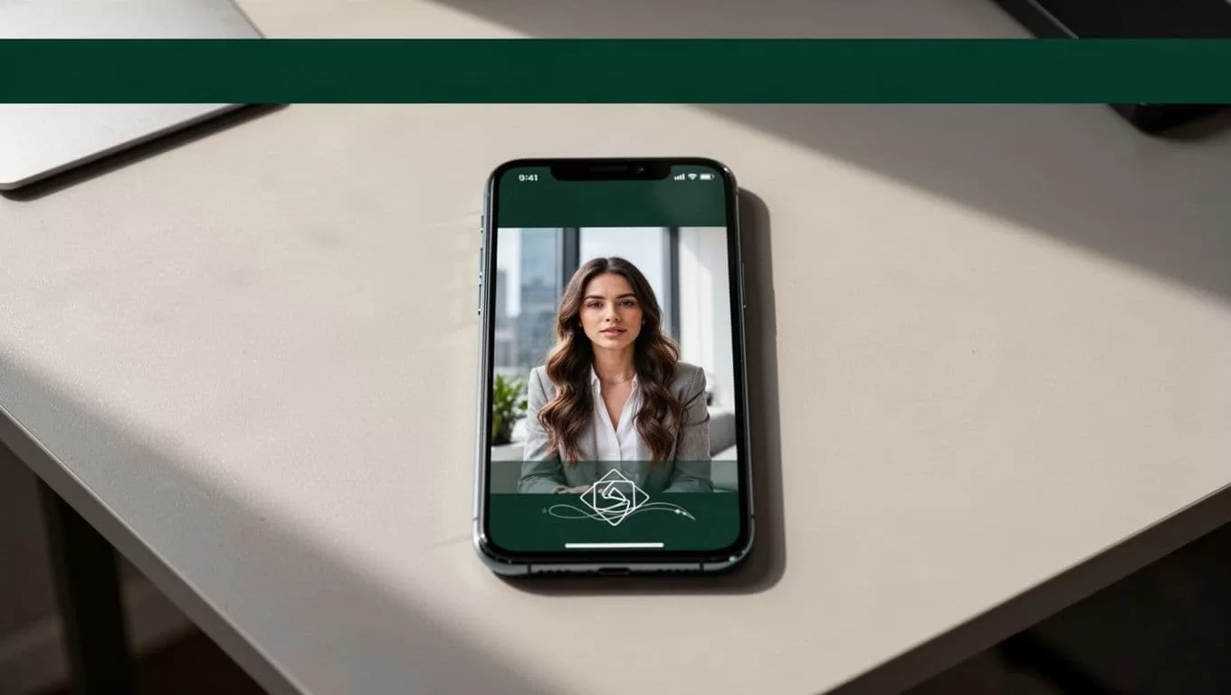 A modern smartphone rests on a neutral desk surface displaying a vertical video with bold bottom text. A dark green header bar above features crisp white social media distribution branding text.