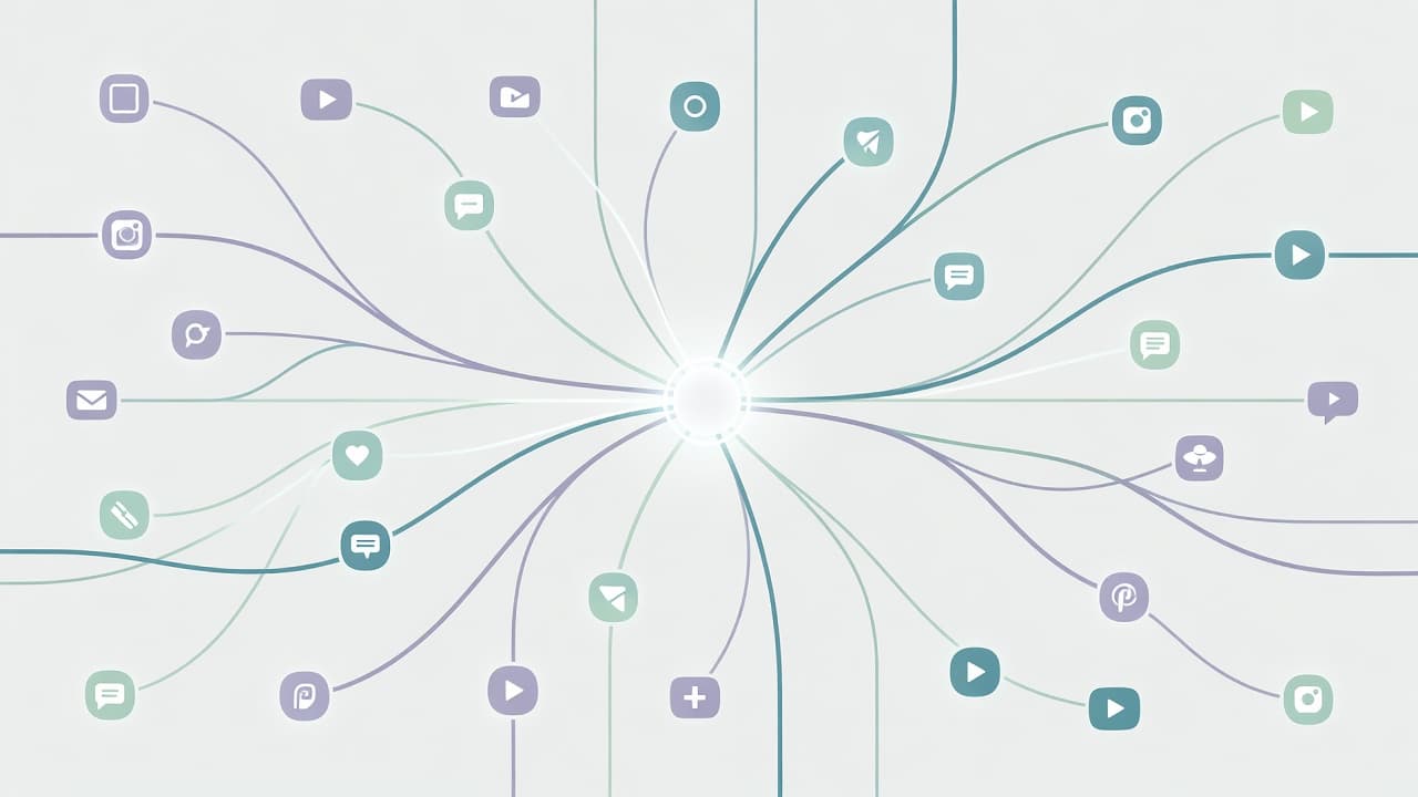 Stylized glowing nodes and smooth interconnecting lines flow across the frame, linking various abstract social media icons. The composition utilizes a soft, neutral palette to represent automated digital content publishing workflows.