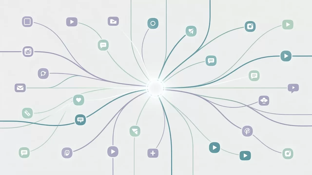 Stylized glowing nodes and smooth interconnecting lines flow across the frame, linking various abstract social media icons. The composition utilizes a soft, neutral palette to represent automated digital content publishing workflows.