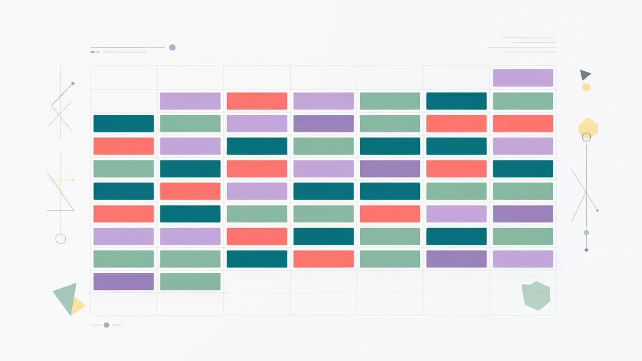 A minimalist digital interface displays organized, colorful rectangular blocks representing content slots on a clean background. Soft, diffused lighting highlights the geometric layout to emphasize clarity and an efficient workflow.