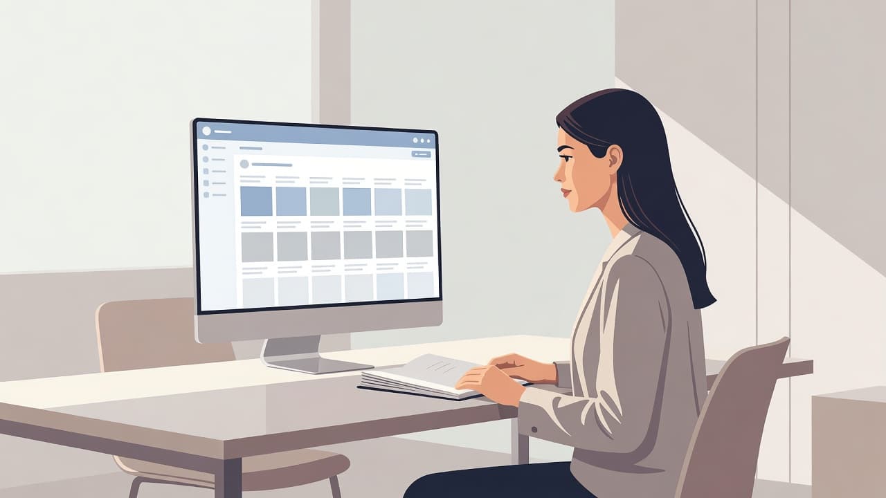 A person sits at a minimalist white desk holding a notebook while viewing a digital calendar on a sleek computer monitor. Soft sunlight fills the bright room with organized professional charm.