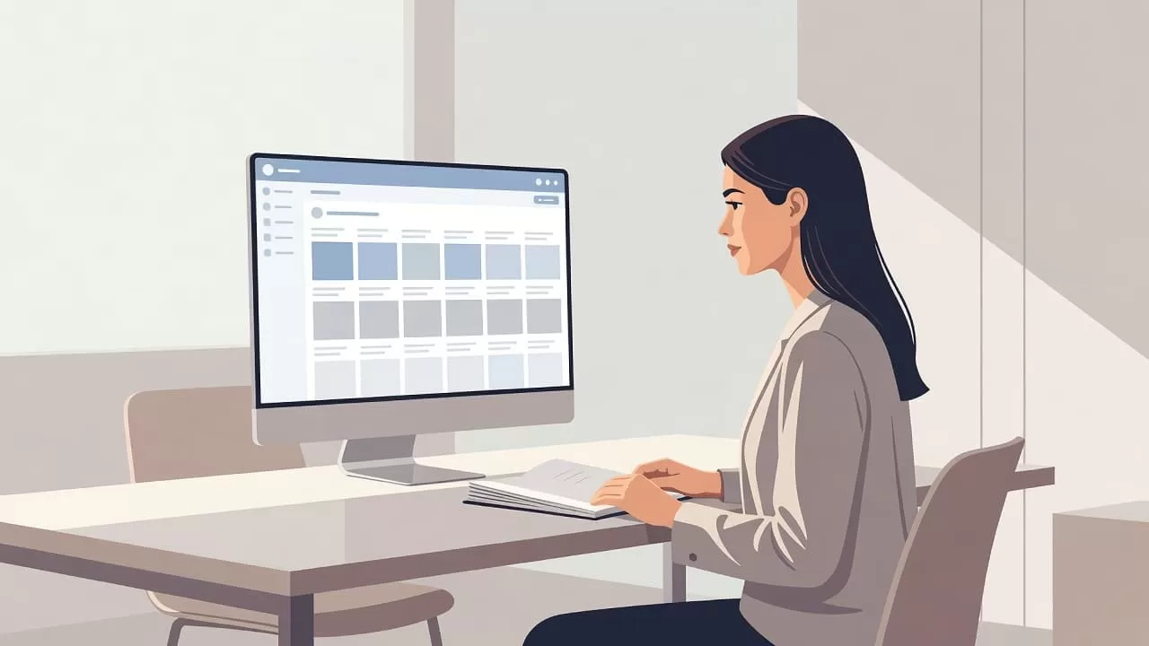 A person sits at a minimalist white desk holding a notebook while viewing a digital calendar on a sleek computer monitor. Soft sunlight fills the bright room with organized professional charm.
