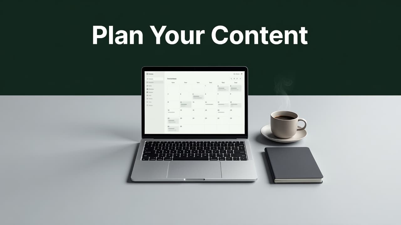 A top-down view of a minimalist desk featuring an open laptop displaying a digital calendar. Beside the computer sits a ceramic coffee mug and a closed notebook on a clean surface.