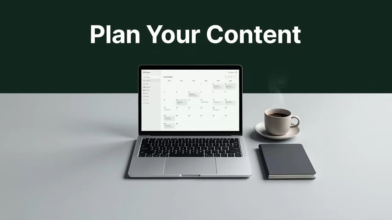 A top-down view of a minimalist desk featuring an open laptop displaying a digital calendar. Beside the computer sits a ceramic coffee mug and a closed notebook on a clean surface.