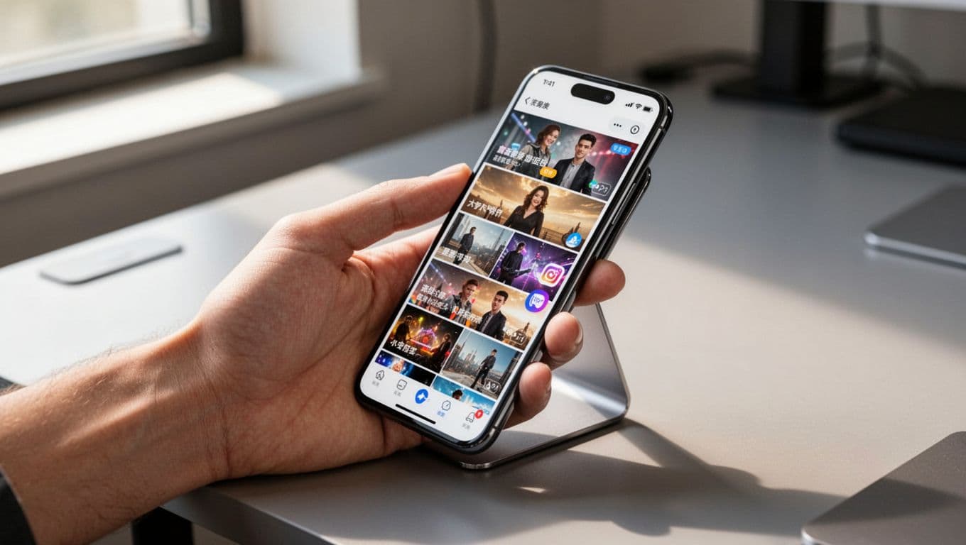 A close-up view of a hand holding a smartphone showcasing a social media feed. The interface features a prominent dark green header bar displaying bold white text against a professional desk background.