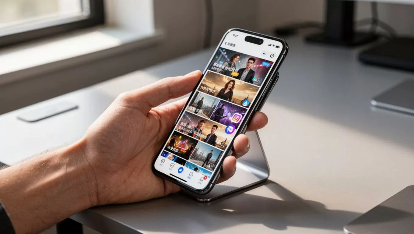 A close-up view of a hand holding a smartphone showcasing a social media feed. The interface features a prominent dark green header bar displaying bold white text against a professional desk background.