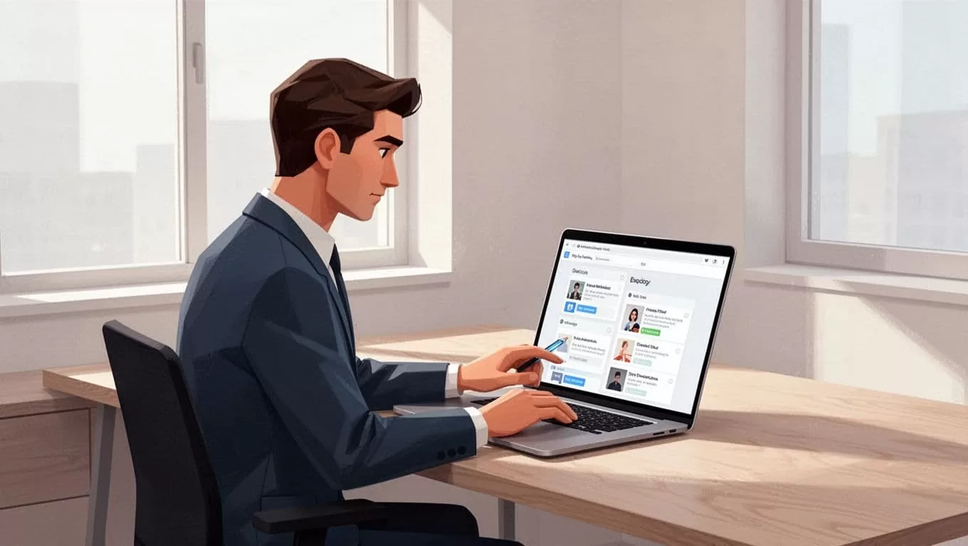 A person sits at a minimal desk using a sleek laptop to organize digital marketing campaigns. Vibrant geometric shapes and clean lines highlight the structured approach to modern brand growth.