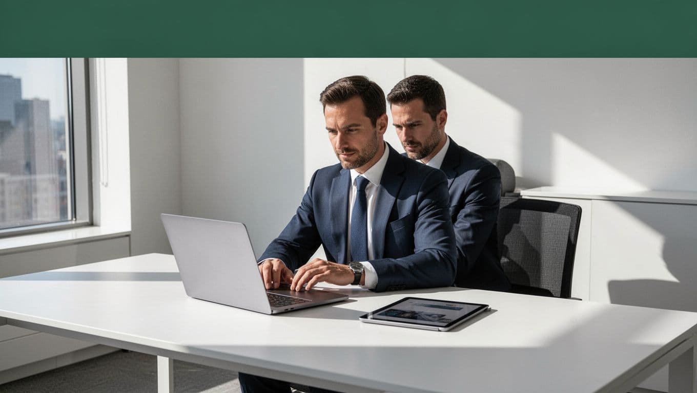 A clean desk features a modern laptop and tablet placed side-by-side. A dark green header bar displays the text Work Faster, while high-contrast lighting defines the minimalist, professional workspace environment.