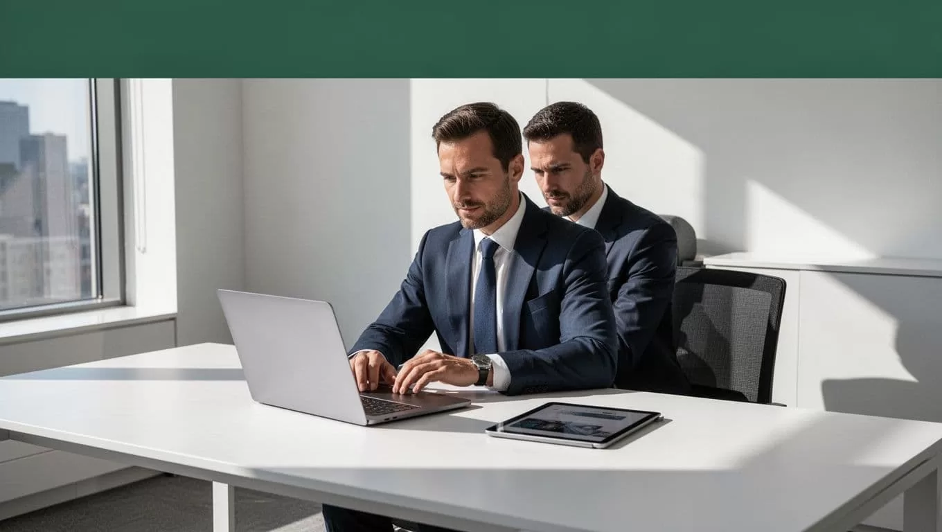 A clean desk features a modern laptop and tablet placed side-by-side. A dark green header bar displays the text Work Faster, while high-contrast lighting defines the minimalist, professional workspace environment.
