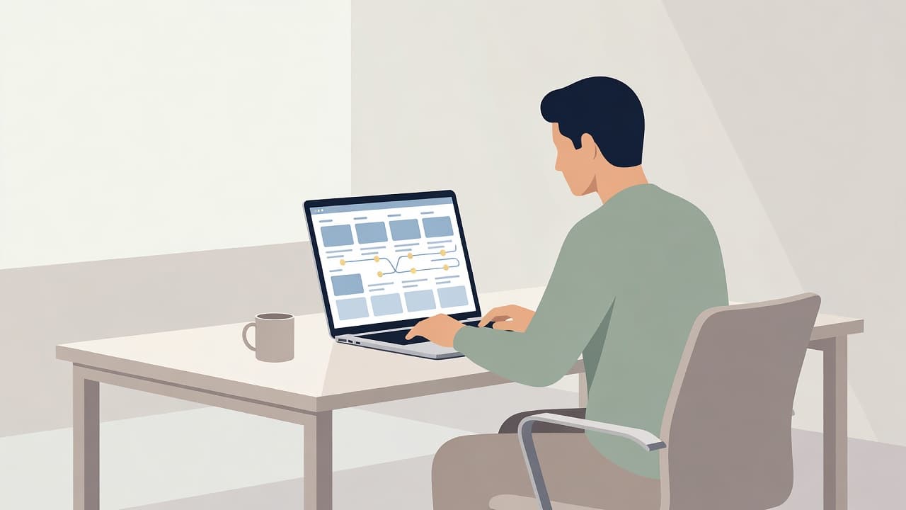 A focused individual works at a sleek minimalist desk, typing on a laptop screen displaying digital marketing graphics. Soft pastel tones define the clean environment for efficient content scheduling tasks.