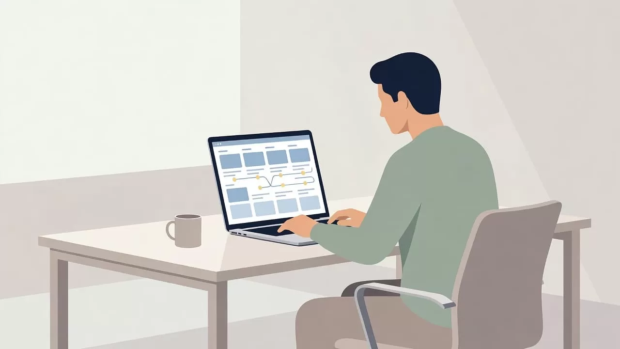 A focused individual works at a sleek minimalist desk, typing on a laptop screen displaying digital marketing graphics. Soft pastel tones define the clean environment for efficient content scheduling tasks.
