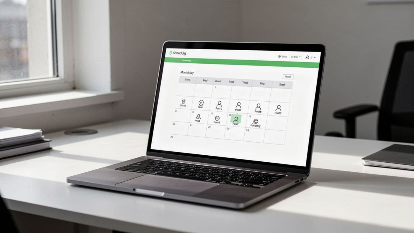 A modern laptop screen displays a clean calendar grid for post management. A bold green header section sits at the top featuring a clear headline for automated social media scheduling software.