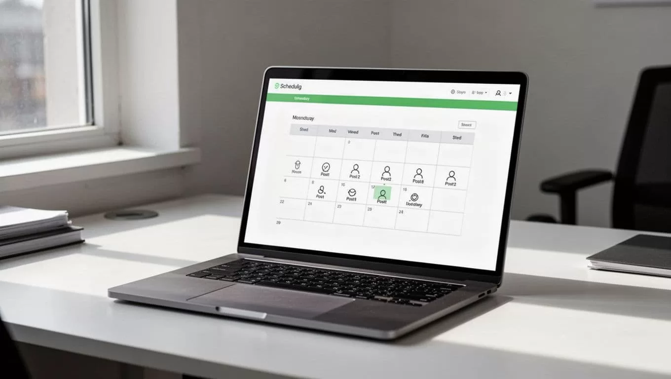 A modern laptop screen displays a clean calendar grid for post management. A bold green header section sits at the top featuring a clear headline for automated social media scheduling software.