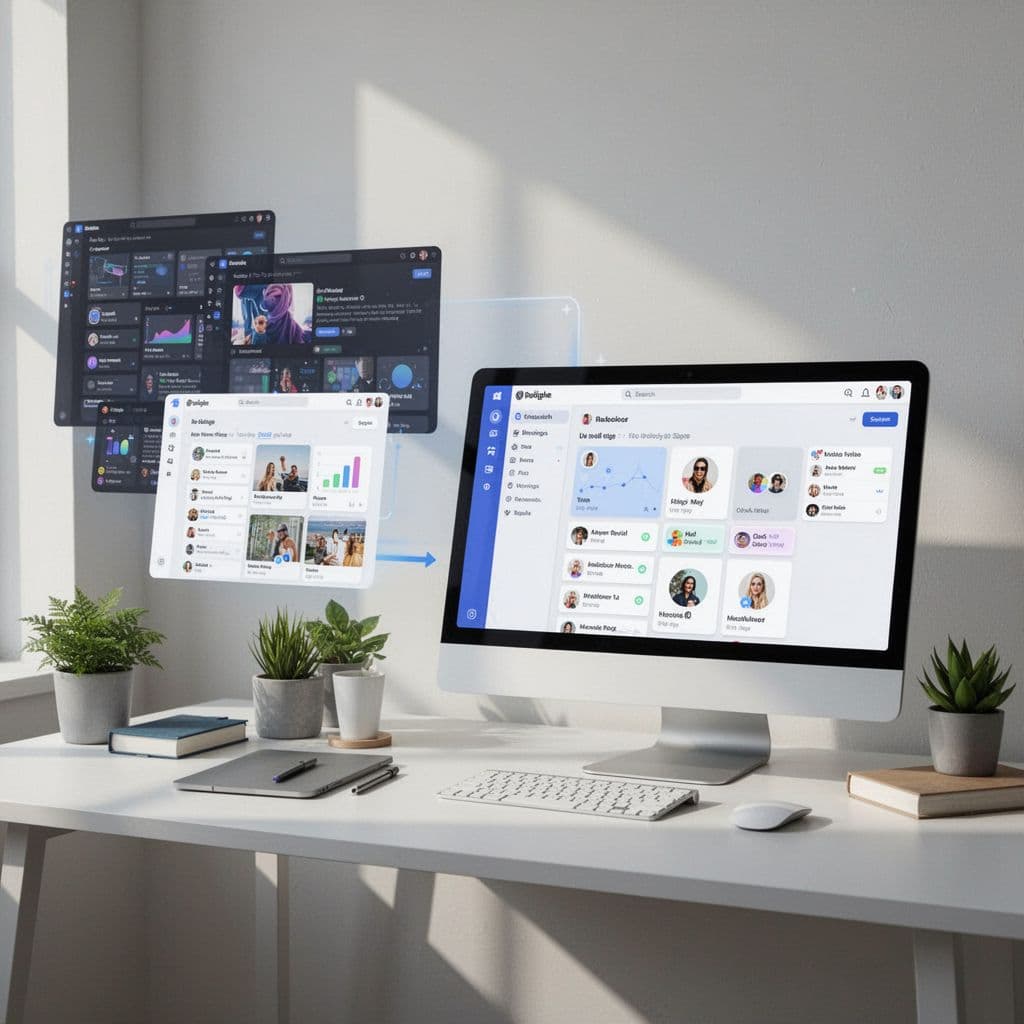 A split composition displays a chaotic digital interface on the left evolving into a minimalist, organized layout on the right. Geometric shapes represent streamlined tasks for professional social media management.