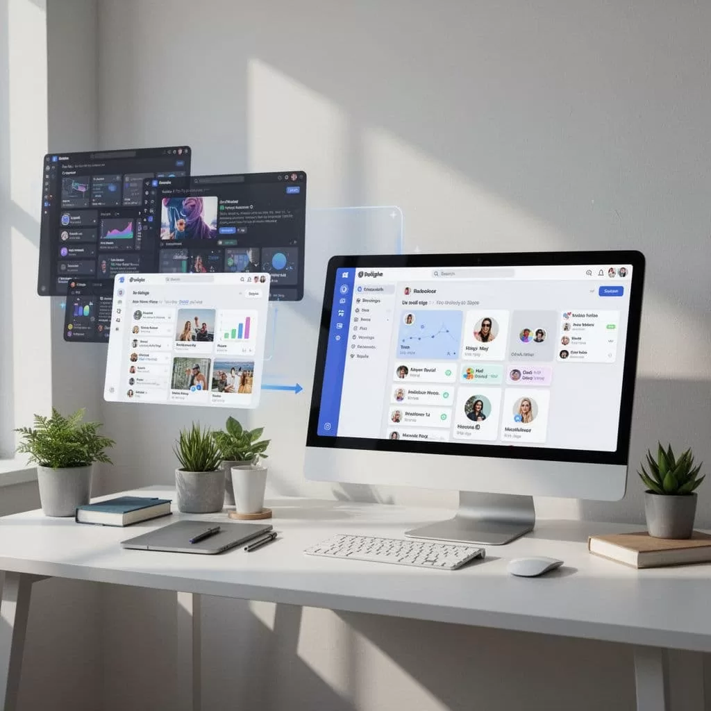 A split composition displays a chaotic digital interface on the left evolving into a minimalist, organized layout on the right. Geometric shapes represent streamlined tasks for professional social media management.