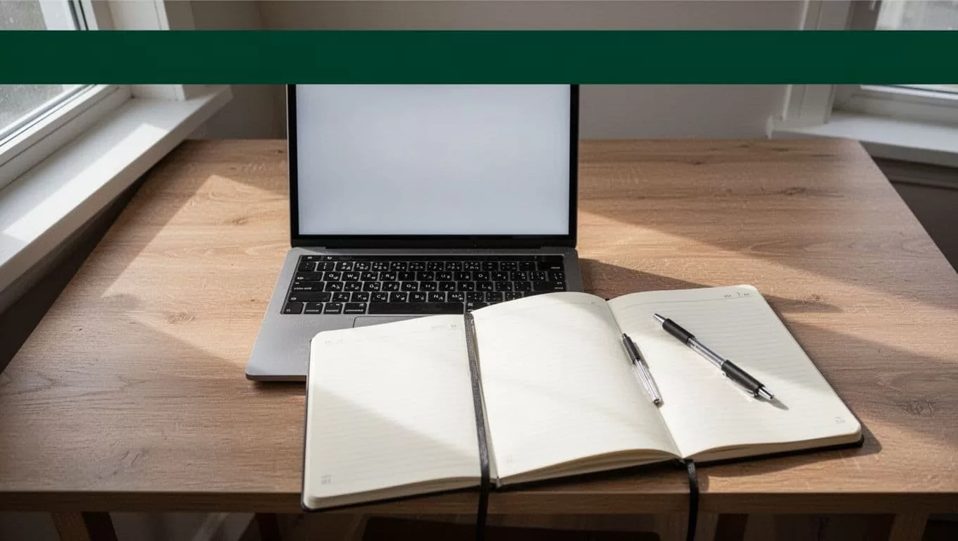 An overhead view displays a sleek laptop and an open notebook resting on a desk. A prominent dark green header graphic featuring white geometric typography defines the professional planning area.