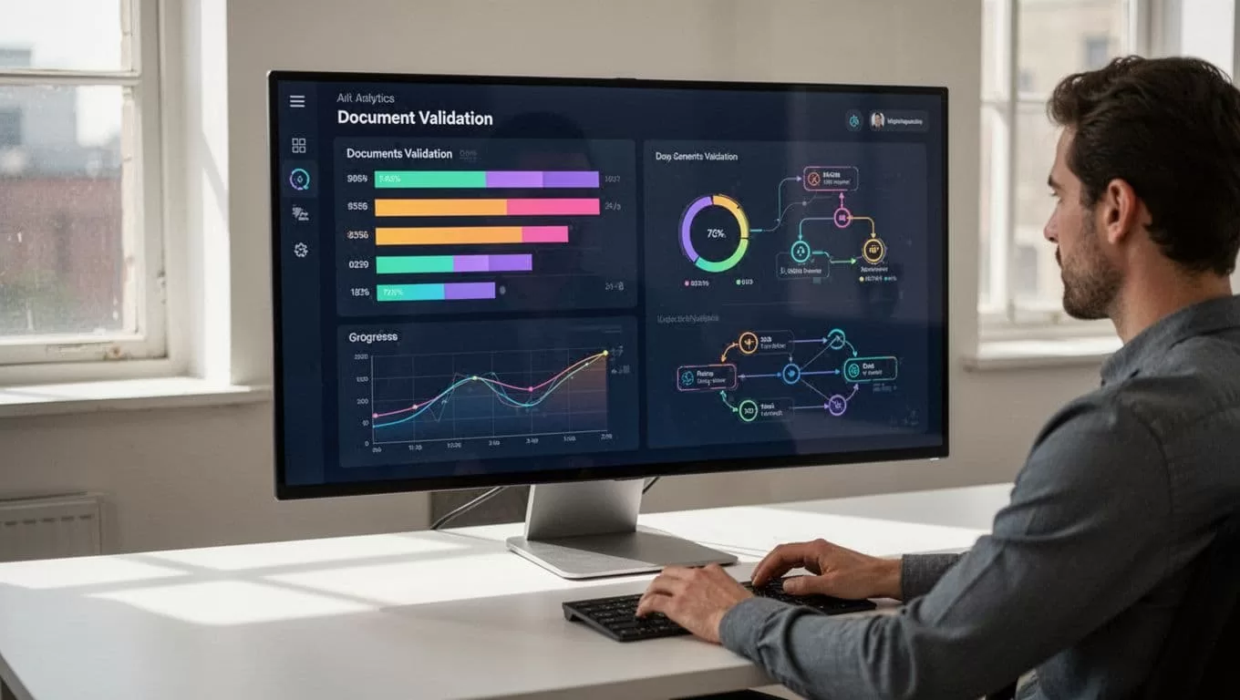 An analyst reviews document validation data on a software dashboard.