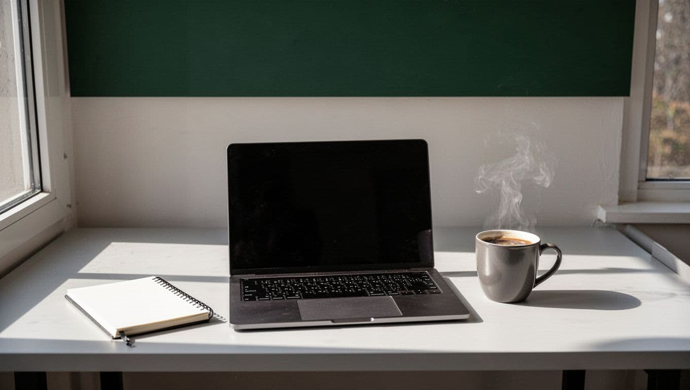 A dark green headline band above a modern productivity setup with software options on screen.