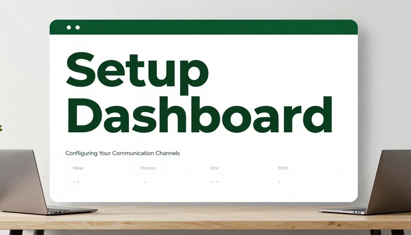 A laptop on a clean desk displaying a software setup dashboard with a dark green header.