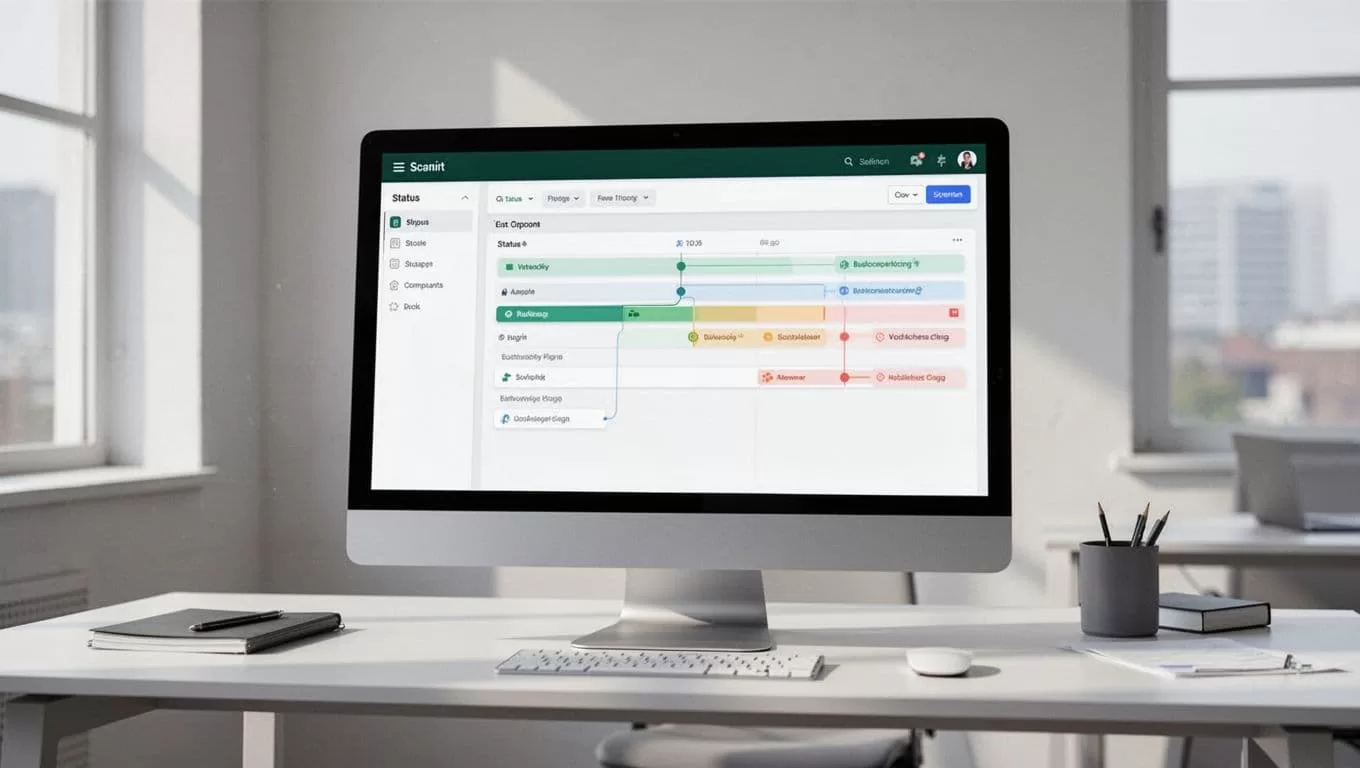 A clean desk displays a software dashboard for tracking document workflow status.